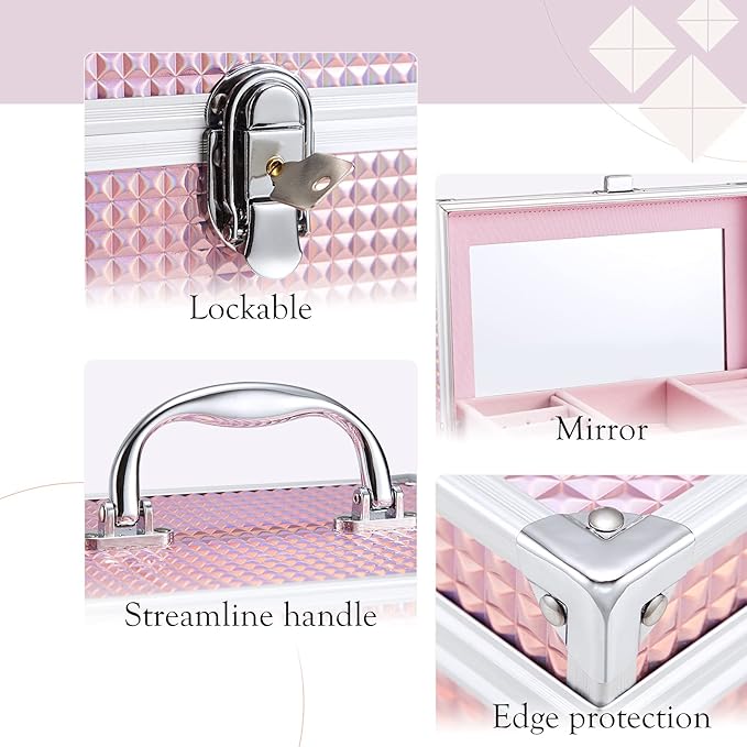 Hododou Girls Jewelry Box Organizer with Drawer & Mirror, Shiny Pink Style Lockable Storage Case for Kid or Little Girls Jewelry and Hair Accessories