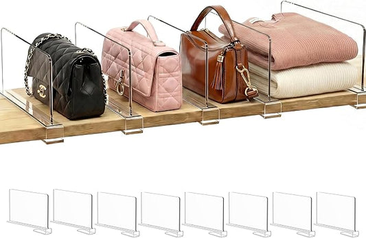 SortNStore Shelf Dividers Purse Organizer for Closet: 6-inch Tall(Shorter Version) Acrylic Handbag Organizer - Small Space Separator for Clutches Evening Bags Pouches Mini-Bags on Wood Shelves 8-Pack