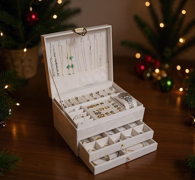 TOFUNTOY Jewelry Organizer Box, Large Jewelry Boxes for Women, 3-Layer Jewelry Holder Organizer for Necklace Earrings Rings Bracelets Storage, Gift for Her Mom