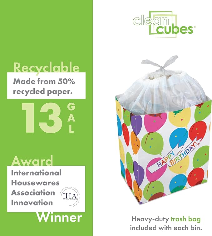 Clean Cubes 13 Gallon Disposable Pop-Up Trash Cans (3-Pack) with Fitted Bags – Foldable Garbage & Recycling Bins for Parties, Events & Kitchen (Birthday, 17" H x 13.5" W x 10" D)
