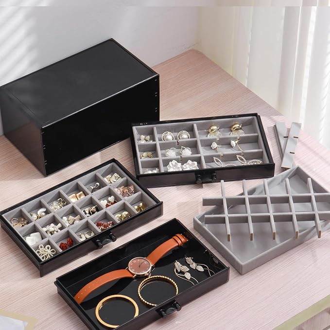 YUFONG Earring Organizer Box Acrylic Jewelry Organizer with 3 Drawers 54 Adjustable Grids Clear Stackable Earring Holder Velvet Trays Ring Display Case for Women Girls (Black Gray)
