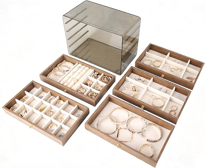 Wooden Jewelry Box Organizers and Storage for Girls Women 5 Drawers Multi-Layer Storage Case for Rings Earrings Necklaces Bracelets Vintage Box
