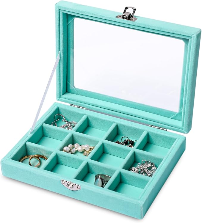 Frebeauty Jewelry Organizer Tray with Clear Lid 12 Grid Velvet Drawer Insert Jewelry Box with Transparent lid Jewelry Display Case Store Showcase Jewelry Box Gift for Women(Turquoise,12 Grid)