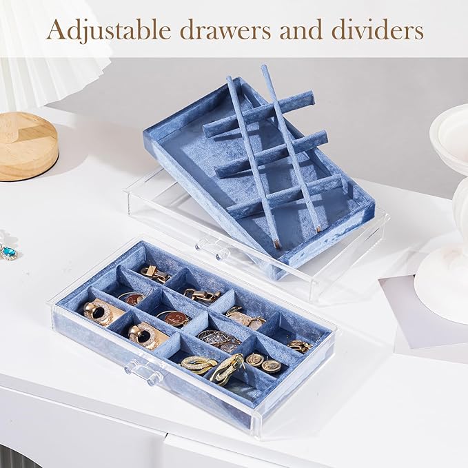 Lolalet Earring Holder Organizer Box Jewelry Storage with 6 Drawers, Clear Acrylic Stackable Earring Case with Adjustable Velvet Trays for Women on Dresser Vanity -Blue, 6 Layers