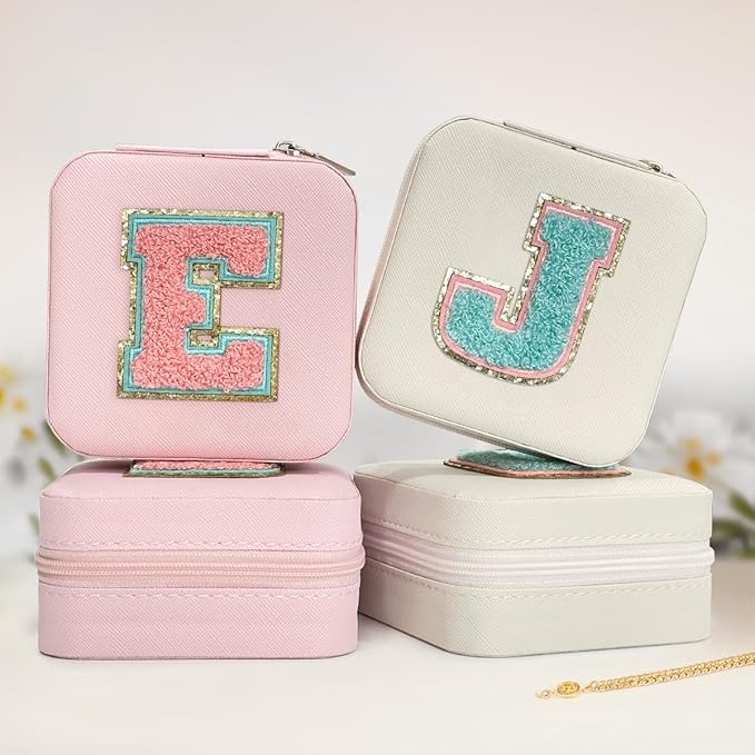 SANDJEST Personalized Jewelry Box, Pink Travel Jewelry Box with Initial E, Small Monogrammed Jewelry Case Organizer for Girls Women Teen Kids, Mini Travel Essentials Gifts for Birthday Christmas