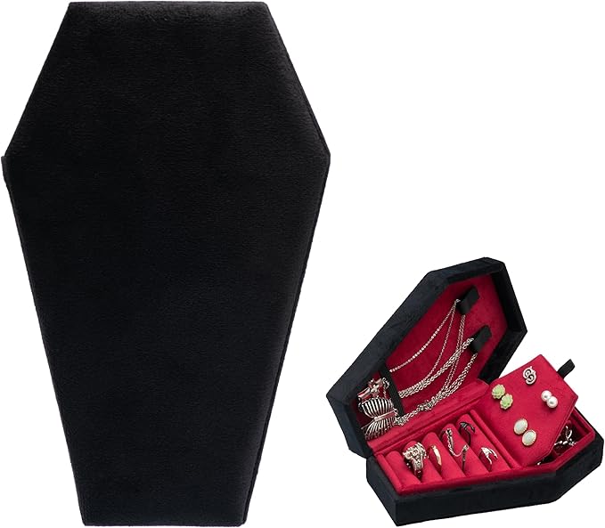 Velvet Coffin Jewelry Travel Case Holder for Gothic Wedding Ceremony Jewelry Organizer Decoration (Black Red 4 Grid)