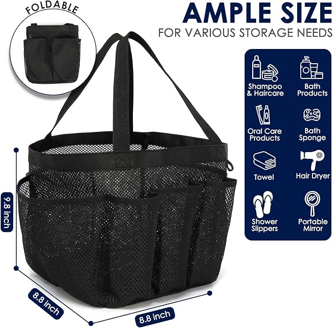 GYEUKHAM Large Mesh Shower Caddy Portable with 8-Pocket for College Dorm Room Essentials,Quick-Dry Handing Shower Basket Tote Bag for Toiletry, Bathroom,Beach,Camp,Gym,Black