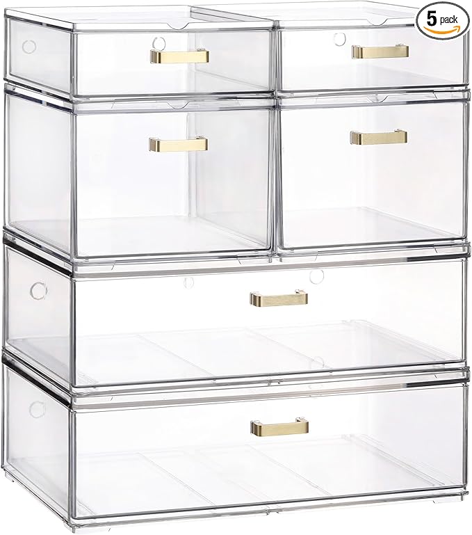 LALOBLUE Stackable Storage Drawers, 6 Pack Clear Acrylic Organizer Bins with Golden Handles, Multi-Size Plastic Drawers for Makeup, Vanity, Kitchen, Bathroom, Office, Pantry Organization and Storage