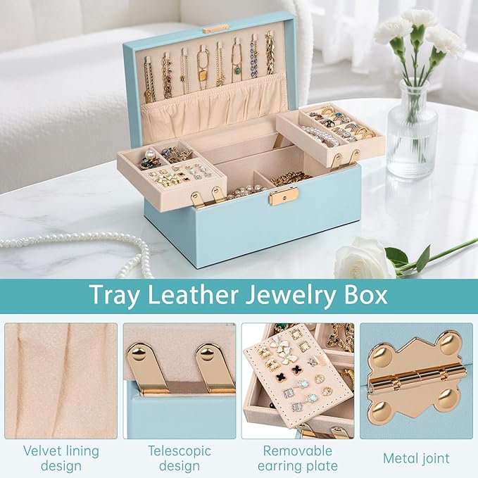 AKOZLIN Travel Jewelry Box Organizer Functional 2-trays Leather Jewelry Storage Case with Lockable Portable for Women Girls Ring Necklace Earring Bracelet