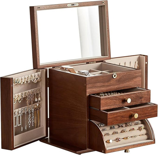 CHOSIN Black Walnut Wooden Jewelry Box, 4 Layer Lockable Organizer with Mirror, Rotatable Ring Holder,Side Doors & Brass Handle, Classical Design for Rings, Necklaces, Mothers Day Gift for Mom