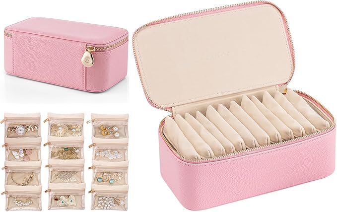 VLANDO Travel Jewelry Box Organizer – Portable PU Leather Jewelry Case with 6/8/12 Zippered Pouches, Compact Storage for Earrings Rings Necklaces Bracelets, Strawberry Pink