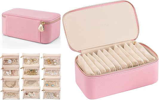 VLANDO Travel Jewelry Box Organizer – Portable PU Leather Jewelry Case with 6/8/12 Zippered Pouches, Compact Storage for Earrings Rings Necklaces Bracelets, Strawberry Pink