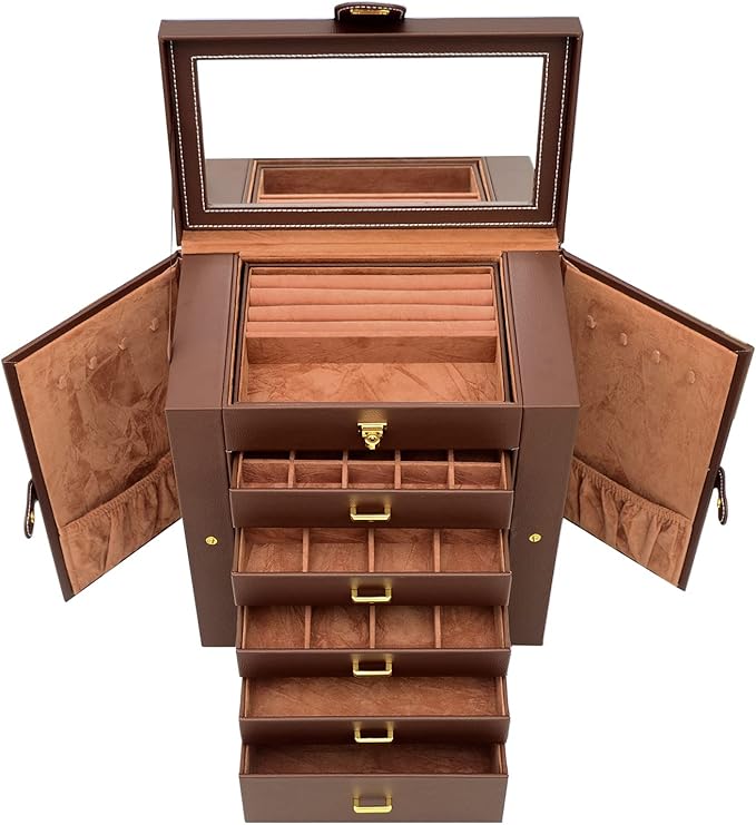 AKOZLIN Extra Large 6-Tier Jewelry Box Organizer with Mirror, 5 Drawers Leather Jewelry Storage Case for Women Girls Ring Necklace Earring Bracelet Brown
