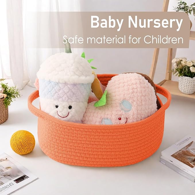 JMvicyroam Woven Basket,Small Rope Storage Bin with Handles & Ribbon Bag, Organizer for Shelves Closets,Gift Basket Empty for Birthday,Books,Dog Toys,Orange