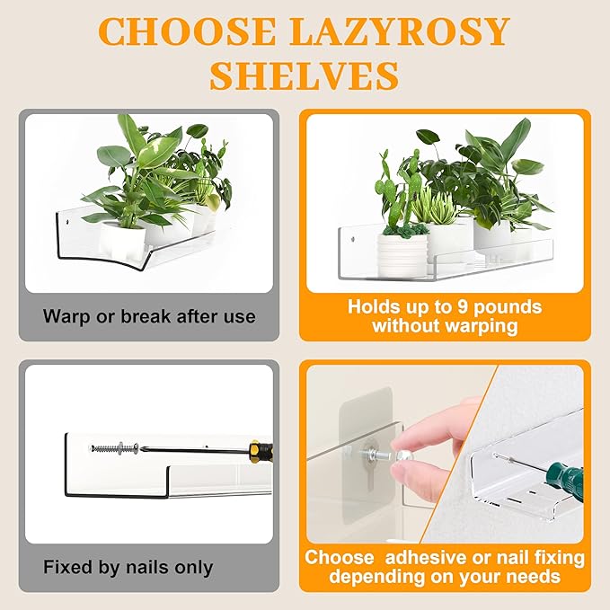 LAZYROSY 12 Pack Floating Shelves - Clear Acrylic/PET Wall Mounted Non-Drilling Storage Rack with Adhesive, Invisible Bathroom and Bedroom Shelves for Kitchen, Living Room, Clear Decoration