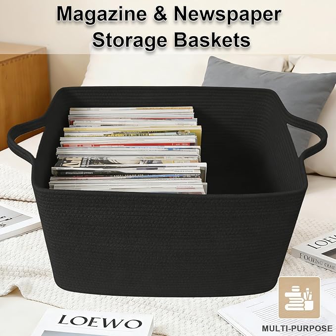 Large Blanket Basket,Woven Rope Basket Storage Bin with Handles,65L Rectangle Laundry Basket for Magazines,Toys,Clothes,Newspaper Shelf Organization,Nursery and Living Room,Black