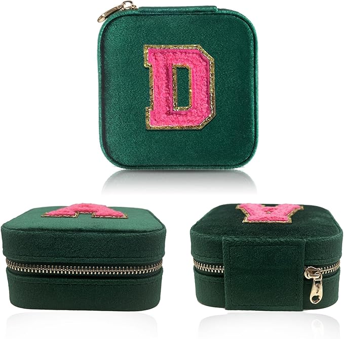 Personalized Velvet Travel Jewelry Case Box For Women Ring Necklace Earring Holder Organizer with Mirror Green Girls Box Birthday Gifts Mom Initial D