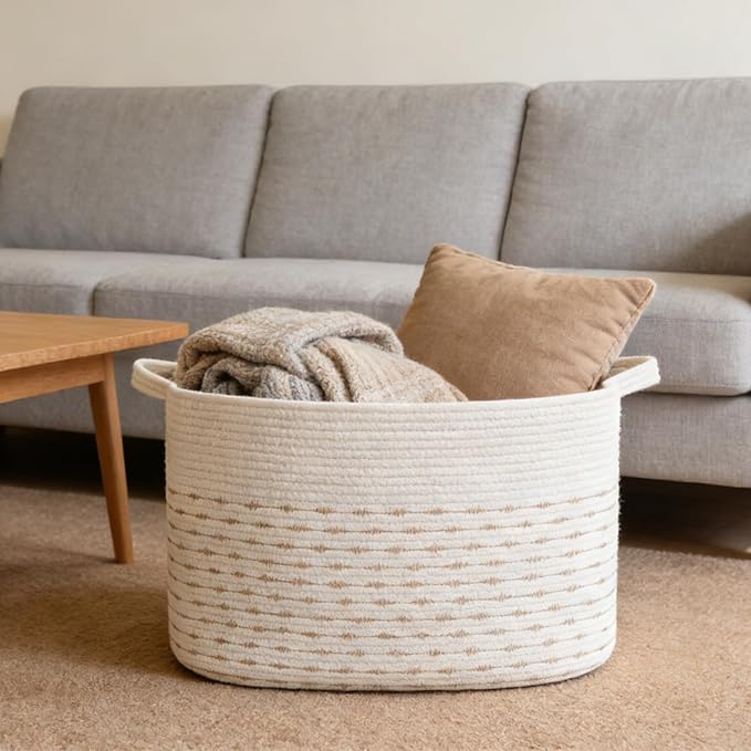 96L Large Blanket Basket,24"x16"x15"Rectangle Storage Bin with Handles,Woven Rope Laundry Basket for Toys, Clothes,Magazines,Home Organization,Nursery,Living Room & Bedroom,White&Yellow