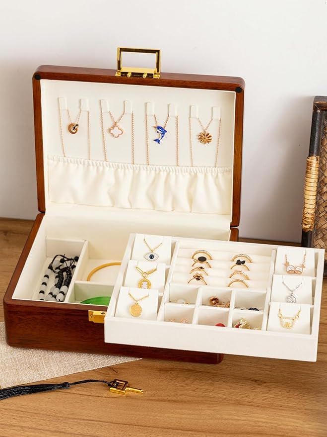 Solid Walnut Wood Jewelry Box with Lock, 2 Layer Velvet Jewelry Organizer Storage for Earrings Rings Necklaces Bracelets Cufflink, Gift Idea for Men Women, Beige