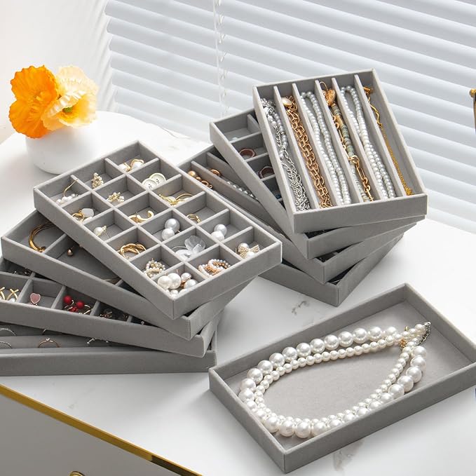 Stackable Jewelry Organizer Trays Set of 9, Small Velvet Jewelry Organizers Earring Necklace Ring Bracelet Display Case Storage for Drawer Dresser (Grey)