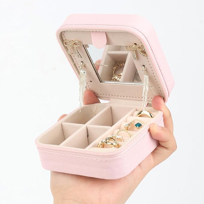 Travel jewelry case,Small Jewelry Box Organizer with Mirror, Gift for Women Girls,3.9"x3.9",Pink,1Pack