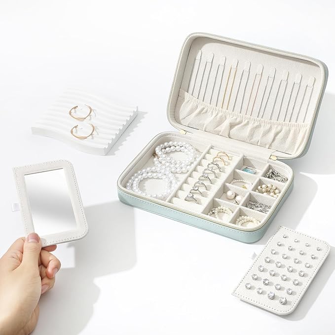 Genuine Leather Travel Jewelry Organizer Case Box with Mirror for Women, Small Mini Portable Jewelry Box for Ring Earrings Necklace Bracelet Luxury Gift for Women（Black）