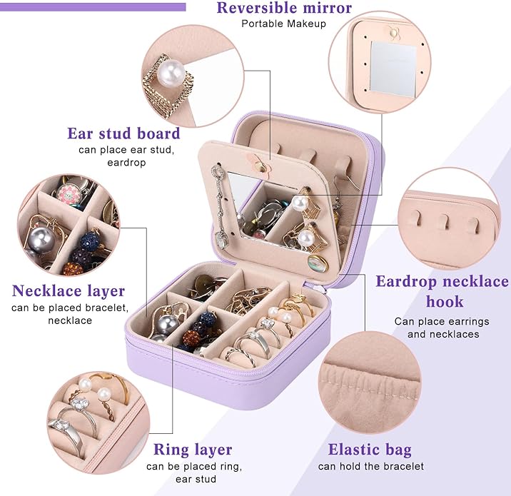 Hillban Bridesmaid Gifts Jewelry Box with Mirror, PU Leather Small Travel Jewelry Case Organizer Storage for Women Girls