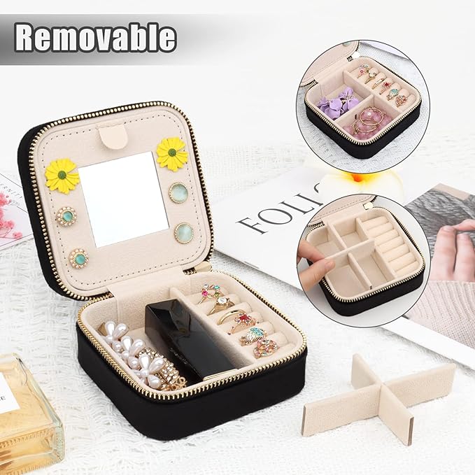 DesignSter Travel Jewelry Box - Velvet Jewelry Organizer, Small Jewelry Case, Jewelry Storage Box for Rings Earrings Necklace (Square, Black)