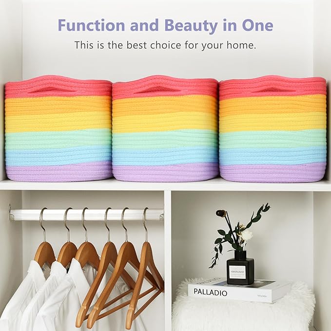 ECDYQXVU Cotton Rope Storage Basket, 15x10x9 Inches, Woven Basket for Shelves, Clothes, Towels, Books, and Laundry, Rainbow (1 Pack)