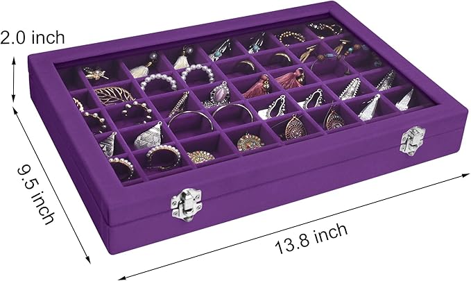 Siveit Velvet Jewelry Tray 48 Grid Jewelry Display Tray Organizer Box with Transparent Lid Rings Earrings Necklaces Pendants Display Box Suitable for Women and Girls (Purple)