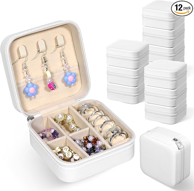 12 Pack Small Travel Jewelry Box Bulk Bridesmaid Proposal Gift Boxes Portable Mini Travel Jewelry Case PU Leather Earring Storage Box with Dividers for Women Girls Rings Necklace Earring Organizer
