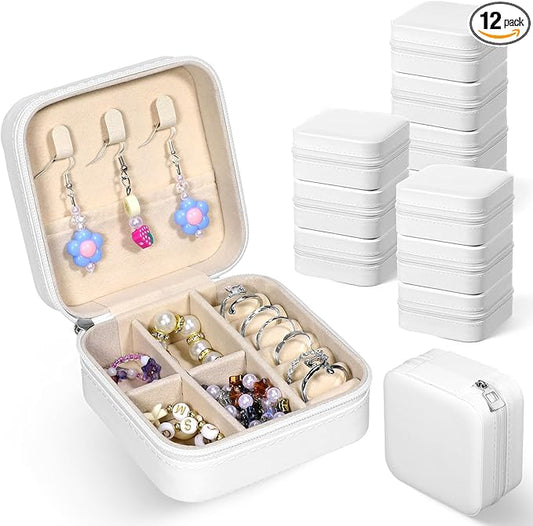 12 Pack Small Travel Jewelry Box Bulk Bridesmaid Proposal Gift Boxes Portable Mini Travel Jewelry Case PU Leather Earring Storage Box with Dividers for Women Girls Rings Necklace Earring Organizer
