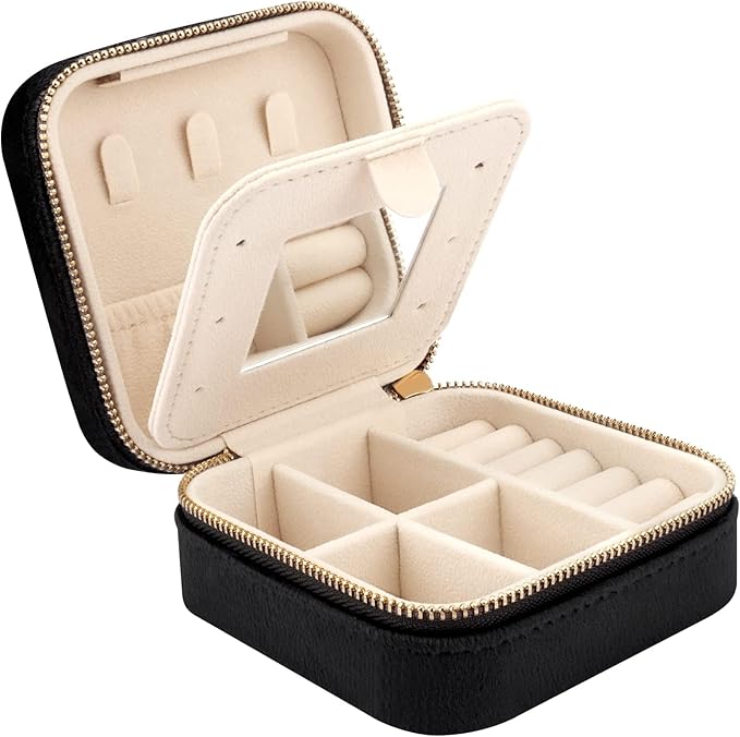 DesignSter Travel Jewelry Box - Velvet Jewelry Organizer, Small Jewelry Case, Jewelry Storage Box for Rings Earrings Necklace (Square, Black)