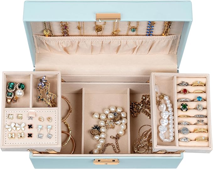 AKOZLIN Travel Jewelry Box Organizer Functional 2-trays Leather Jewelry Storage Case with Lockable Portable for Women Girls Ring Necklace Earring Bracelet