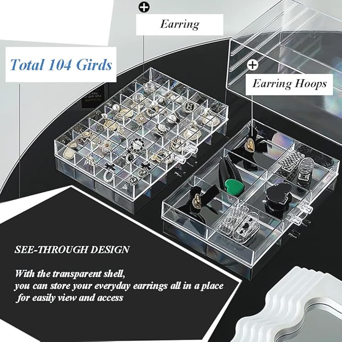 YUFONG Jewelry Boxes Earring Storage Box Organizer 5 Drawers Jewelry Organizer Acrylic Jewelry Storage Box Holder Compartment Transparent Display Storage Case Gift for Women Girls (102 Girds)