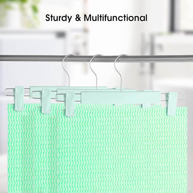 GUANJUNE Clothes Pants Hangers, Space-Saving Skirt Holders with 360 ° Swivel Hooks, Adjustable Clips, Trouser Hangers, Clothes Coat Garment Jeans Hangers (10 Pack, Green)