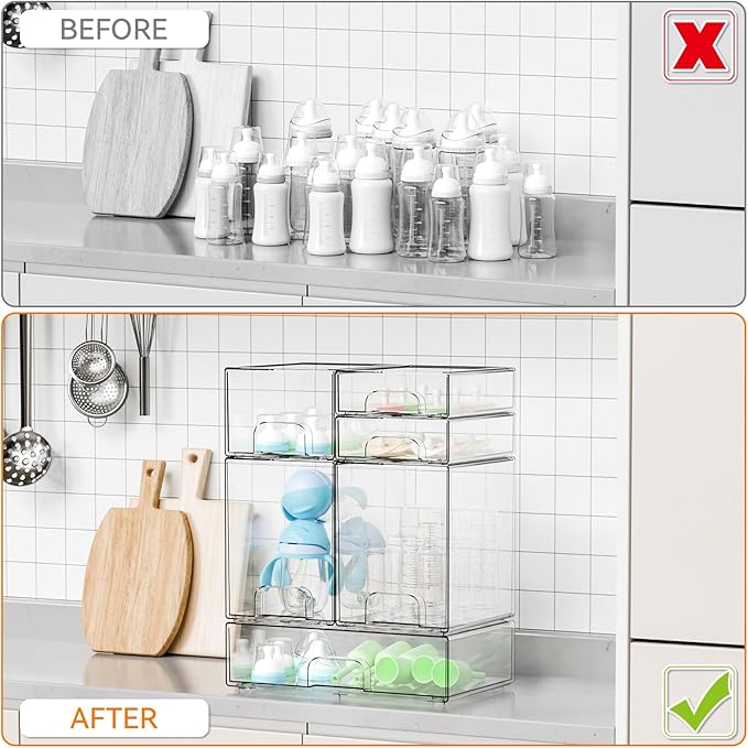 Yieach 6 Set Clear Baby Bottle Organizer for Countertop,BPA FREE Bottle Station Organizer for Breast Pump Parts,Pacifier and Baby Accessories,Stackable Drawers for Bathroom,Cabinet,Pantry Organization