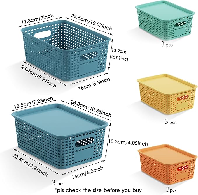 ORGIDOL Plastic Storage Basket with Lids 12 Pack Stackable Colorful Storage Bins Containers with Lid, Decorative Storage Boxes for Organizing Shelves, Drawers, Playroom, Classroom, Office, Closet