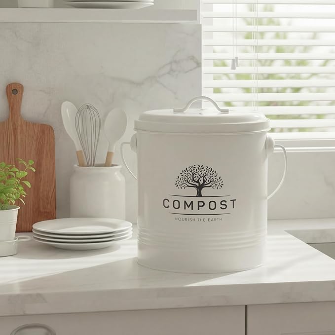 Perfnique Kitchen Compost Bin, 1.3 Gallon Countertop Compost Bin with Lid, Indoor Compost Bucket Includes Inner Bucket Liner and Carbon Filter, Small Compost Bin (Without Bags, Cream)