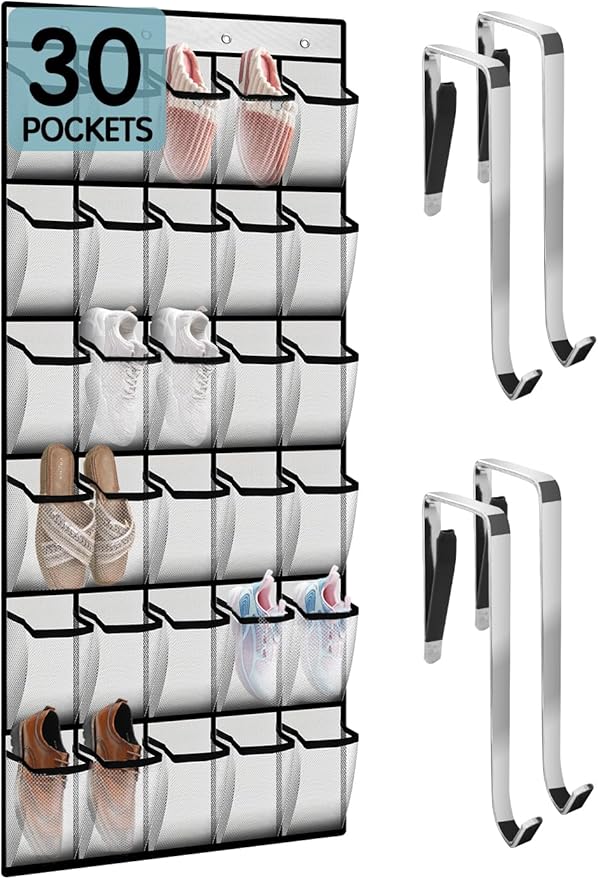 Kotkn Over the Door Shoe Organizer with 30 Breathable Mesh Pockets - Large Capacity Closet Storage for Men & Women, Hanging Shoe Rack Organizer (White)