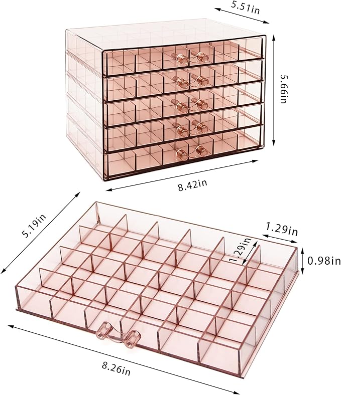 Clear Pink Acrylic Jewelry Storage Box, Earring Jewelry Organizer with 5 Drawers, 5-Layer Jewelry Box for Women, Earring Display Holder for Earrings Ring Bracelet Necklace, 120 Grid Storage Box