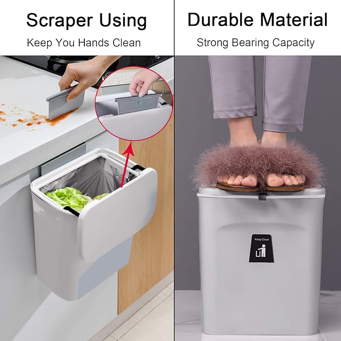 Tiyafuro 2.4 Gallon Kitchen Compost Bin for Counter Top or Under Sink, Hanging Small Trash Can with Lid for Cupboard/Bathroom/Bedroom/Office/Camping, Mountable Indoor Compost Bucket, Gray