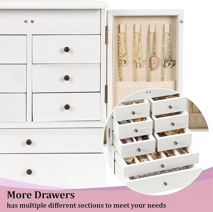 Emfogo Jewelry Box for Women Wooden Jewelry Boxes & Organizers 5-Layer Rustic Large Jewelry Organizer Box with Mirror & 8 Drawers for Rings Earrings Necklaces Bracelets Women Girls Gifts