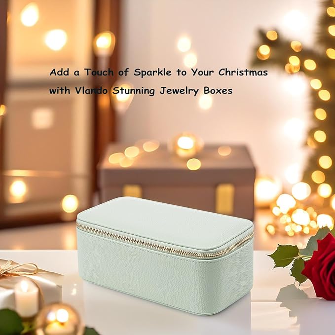 VLANDO Travel Jewelry Box Organizer – Portable PU Leather Jewelry Case with 6/8/12 Zippered Pouches, Compact Storage for Earrings Rings Necklaces Bracelets, Menthol Mambo