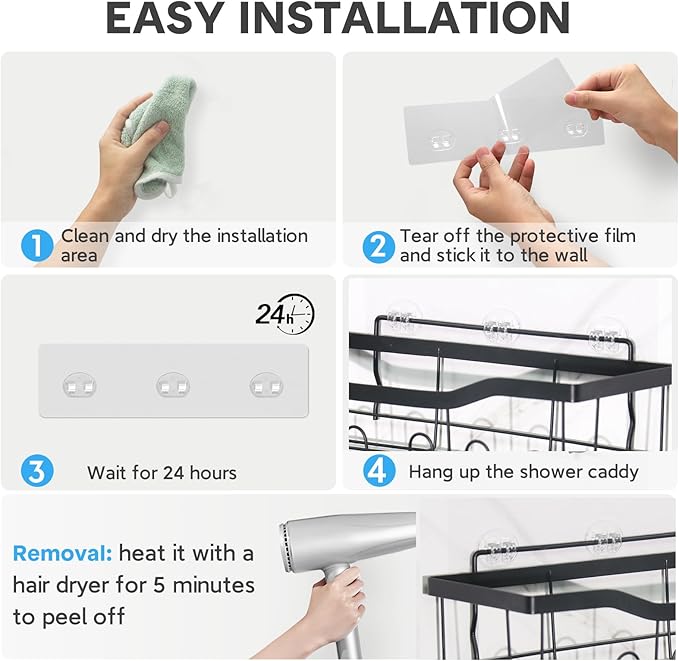 Lsnisni 10 Pack Shower Caddy Adhesive Replacement, Strong Adhesive Hooks for Shower Caddy, Waterproof Adhesive Strips, No Drilling, for Bathroom Storage Shelves and Kitchen Racks