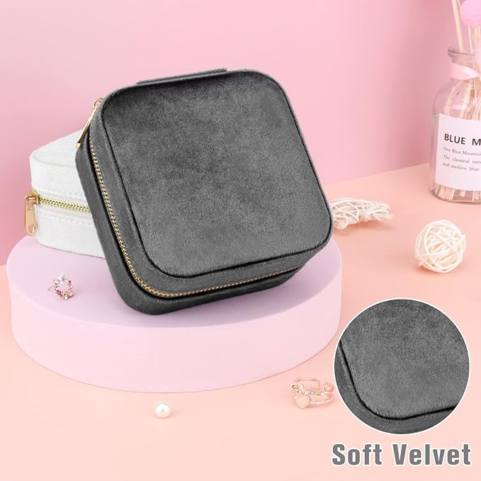 DesignSter Travel Jewelry Box - Velvet Mini Jewelry Organizer, Small Jewelry Case for Girls Women, Jewelry Storage Box for Rings Earrings Necklace (Square, Cool Gray)
