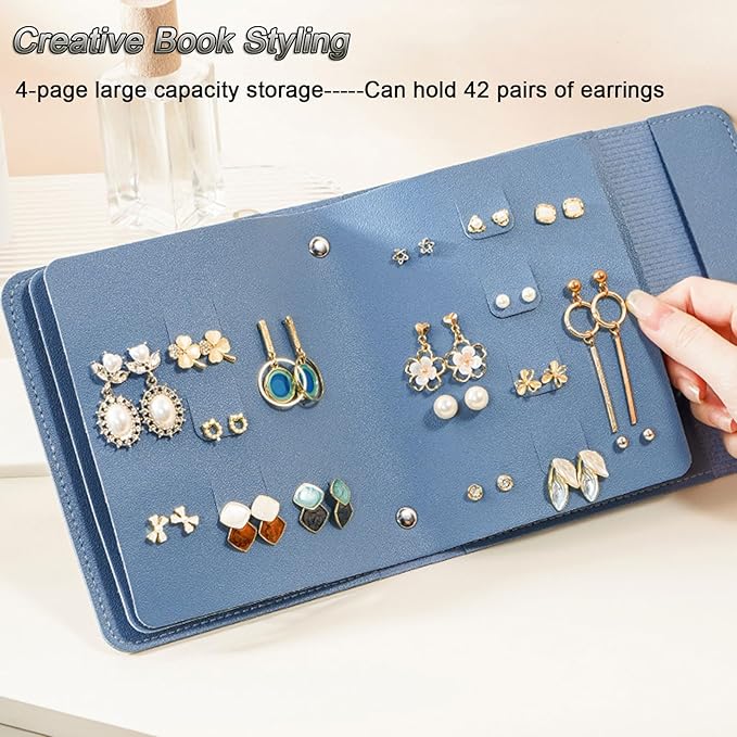LAKE OF FIRE Earring Holder Organizer with Foldable Book Design Jewelry Book Organizer, Portable Pu Leather Travel Earring Case(Blue)