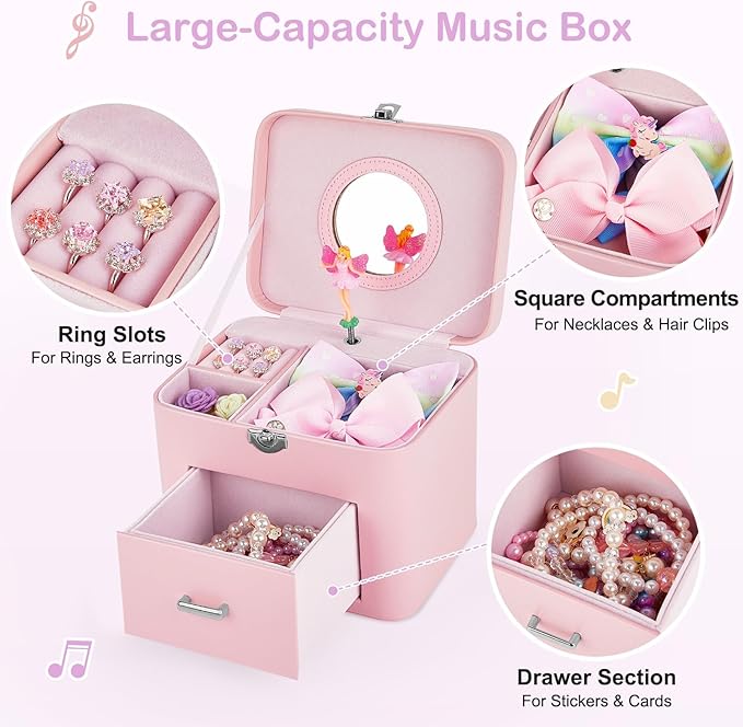 Basumee Musical Jewelry Box for Girls PU Leather Music Box with Drawer Large Kids Jewelry Organizer with Unicorn/Ballerina Jewelry Storage for Little Girls Ages 3–10, Birthday & Holiday Present