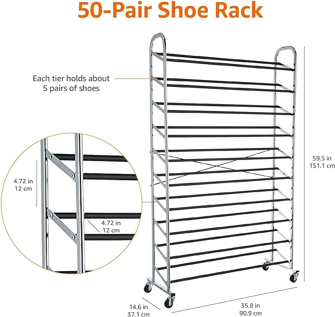 Amazon Basics 50-Pair Shoe Rack Organizer, Portable Rolling with Locking Wheels, Free Standing, 35.8 x 14.6 x 59.5 inches, Chrome