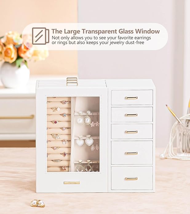 Homde Large Jewelry Box/Organizer/Case with Glass Window, Drawers for Necklaces Earrings Rings Bracelets Watches Gift for Women Girls